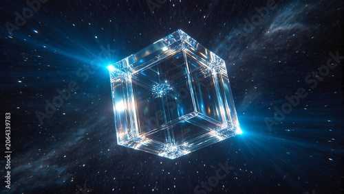 Glass Cube in Space with Light Beams