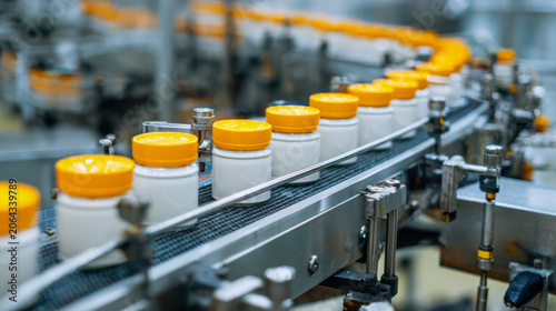 Medicine bottles moving along an automated production line