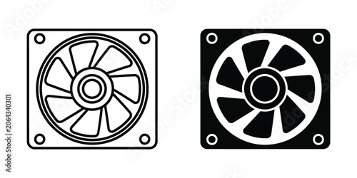 Computer cooling fan in outline and solid black fill isolated on white background for technology concept