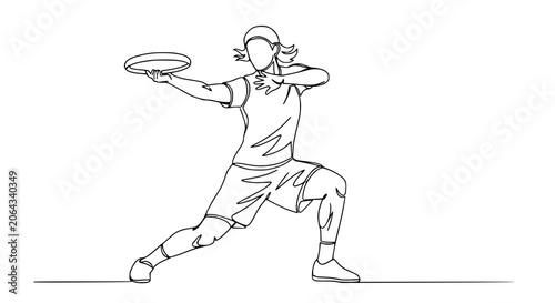Fotografia Continuous line drawing of a woman throwing a frisbee in a dynamic pose on a white background