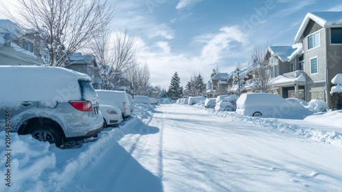 Suburban street covered in heavy winter snow and cars