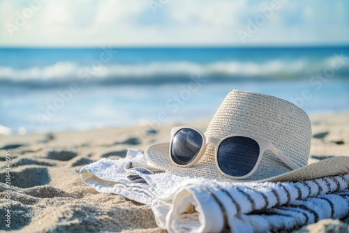 A fashionable straw hat paired with chic sunglasses resting on towels on a sandy beach, exuding a perfect getaway vibe for anyone looking to soak up the sun and relax by the sea.