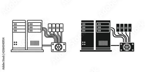Server rack with cooling fan and cables in a clean outline and solid fill style for technology concepts