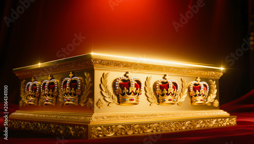 Golden Royal Treasure Chest with Crowns on Red Velvet