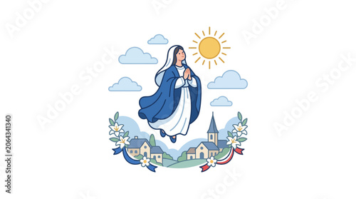 Illustration of Virgin Mary Flying Over Village with Flowers and Sun