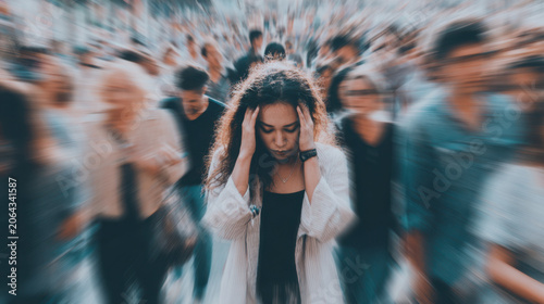 Woman feeling overwhelmed by loud city crowd