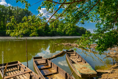 Boats on the beach of the Tisza river near Martely
