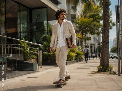 Businessman skateboarding in suit on city street