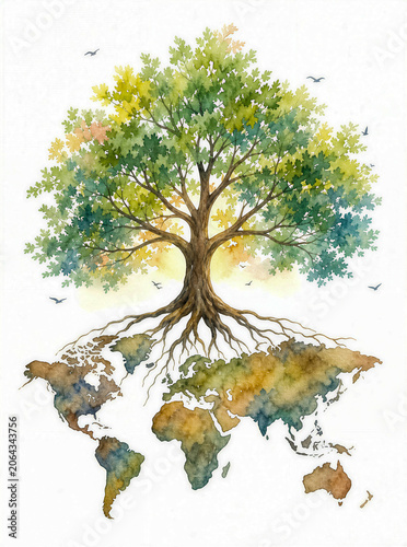 Symbolic Tree of Life with Roots Shaped as World Map in Watercolor Style