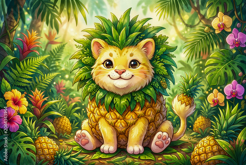 Cute Fantasy Pineapple Lion Hybrid Sitting in Lush Tropical Jungle Garden