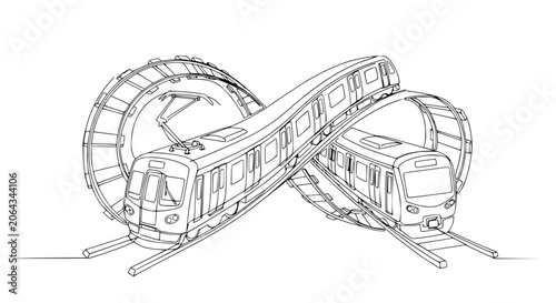 Fotografie Infinity Loop Train Track with Two Trains, Conceptual Line Art