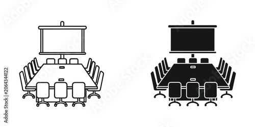 Modern boardroom with projection screen and chairs set for a corporate meeting
