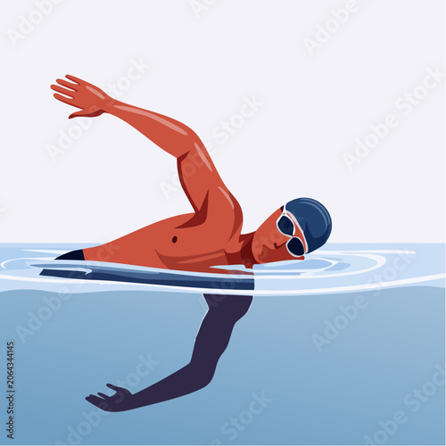 Vibrant illustration of a swimmer gracefully executing the freestyle stroke in clear blue water, emphasizing health and fitness