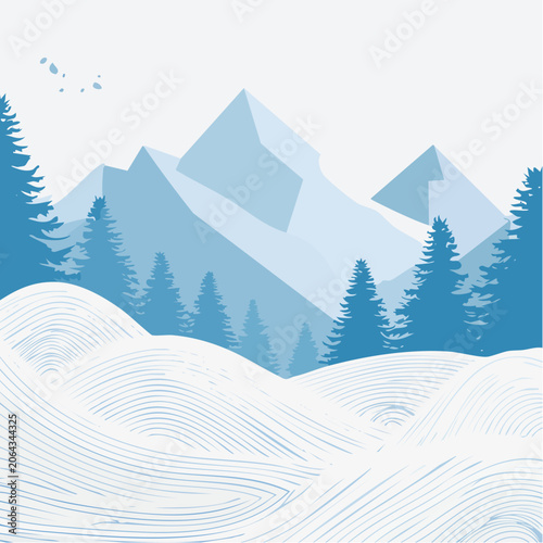 Peaceful Winter Mountain Landscape Illustration with Snowy Hills and Evergreen Trees