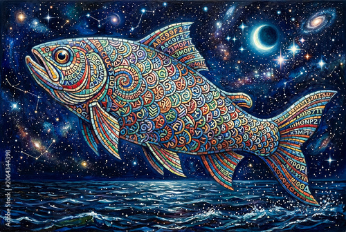 Cosmic Fish Mosaic Made of Colorful Letters and Numbers Swimming Through Starry Night Sky