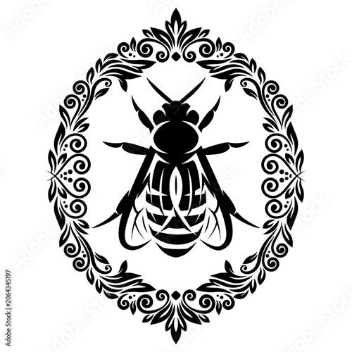 Ornate Oval Frame with Stylized Black Bee Design.