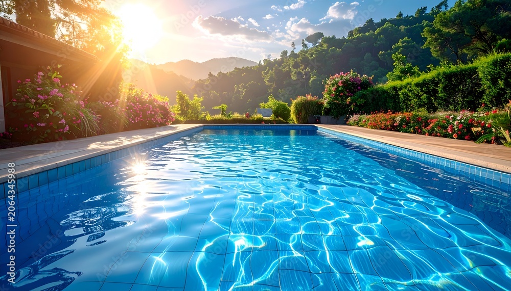 Fototapeta premium Bright swimming pool water texture, shimmering sunlight caustics, clean blue color
