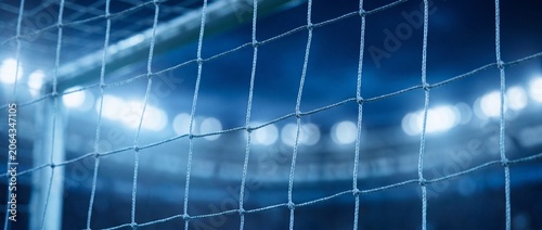 Soccer goal net under stadium lights at night