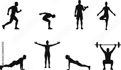 Photos Fitness, workout, silhouettes, gym, exercise, training, weightlifting, running,