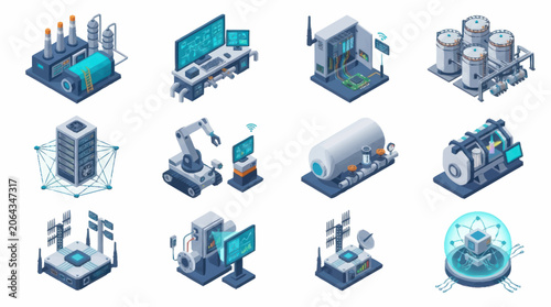Set of isometric icons representing modern technology and industry concepts.
