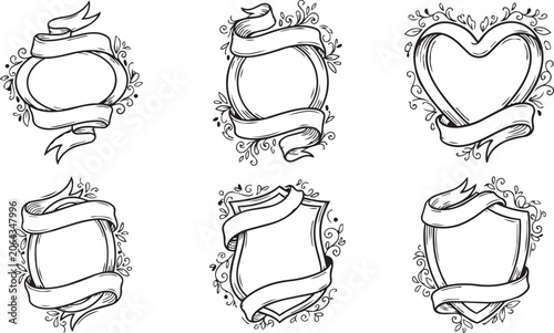Vintage Sketch Ribbon Banners and Badges Set with Hand Drawn Floral Elements and Heart Shield Frames