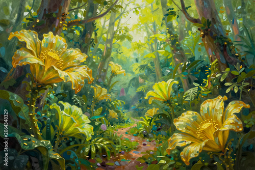 Ethereal Rainforest Landscape with Vibrant Golden Flowers and Morning Sunlight
