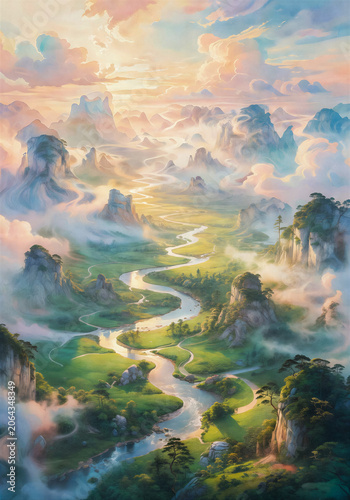 Dreamlike Chinese Mountain Landscape with Winding River and Soft Morning Mist in Pastel Hues