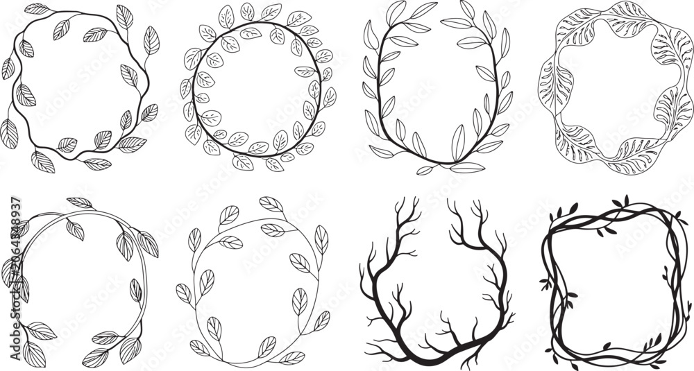 Fototapeta premium A curated selection of black and white hand-drawn frames and borders composed of intertwined vines, branches, and leafy foliage