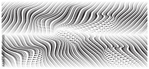 Wavy distorted monochrome vector illustration with liquid flow dynamic warped line effect.