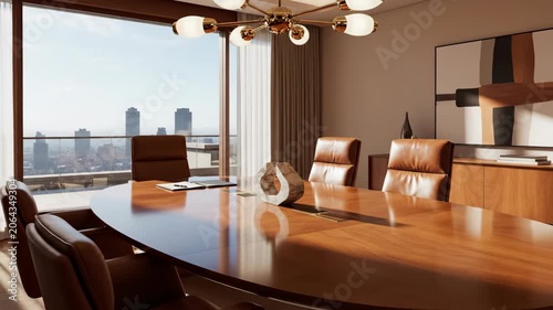 Modern boardroom with panoramic city view and warm light