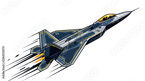 Konstfotografi Illustration of a sleek fighter jet flying at high speed with motion lines, depicted in dark blue and yellow hues against a white background