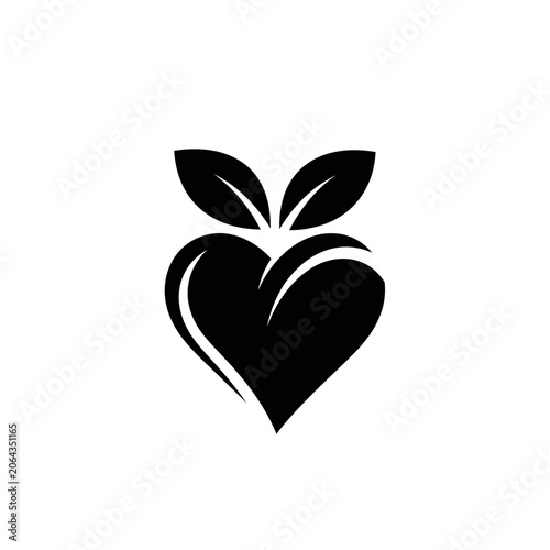 Minimalist black heart fruit silhouette icon with leaves