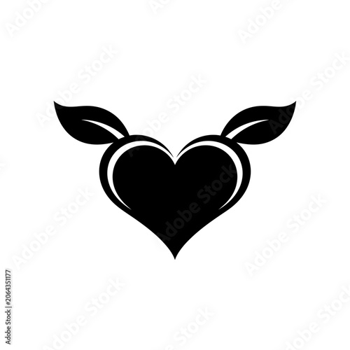 Minimalist black heart with leaves icon on white background