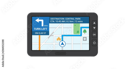 A GPS navigation device displaying a map with turn-by-turn directions on a clean white background.