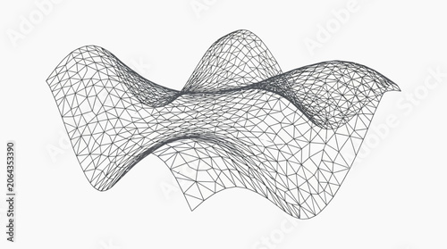 Wireframe mesh grid forming wavy geometric shapes on a white background.