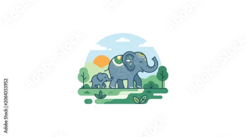 Obraz Cute Elephant Family Walking on Green Grass with Trees and Sun