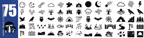 Collection Of Black Halloween Icons Featuring Ghosts Bats Mountains And Weather Symbols silhouettes ghost bat