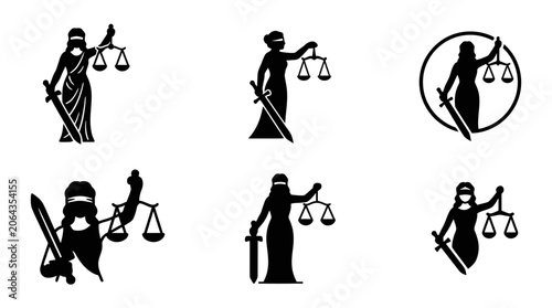 Schilderij op canvas Black Lady Justice silhouette icon collection set.