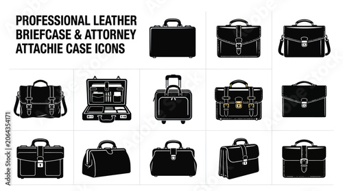 Canvastavla Black leather briefcase and attorney attache case icon set.