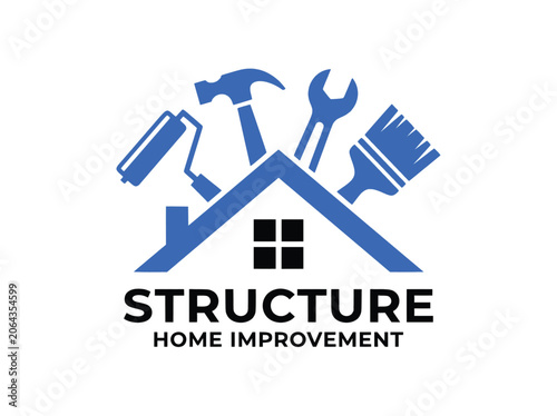 Home improvement logo with house roof and construction tools, structure renovation service vector, blue and black handyman maintenance icon