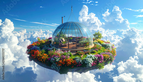 Floating Garden Greenhouse Above the Clouds Fantasy Concept
