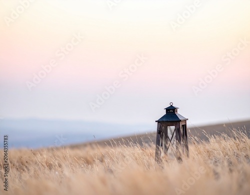 Lantern in Golden Field: An old, weathered lantern stands sentinel in a vast, golden field of dry grass, bathed in the soft, ethereal light of dawn or dusk.
