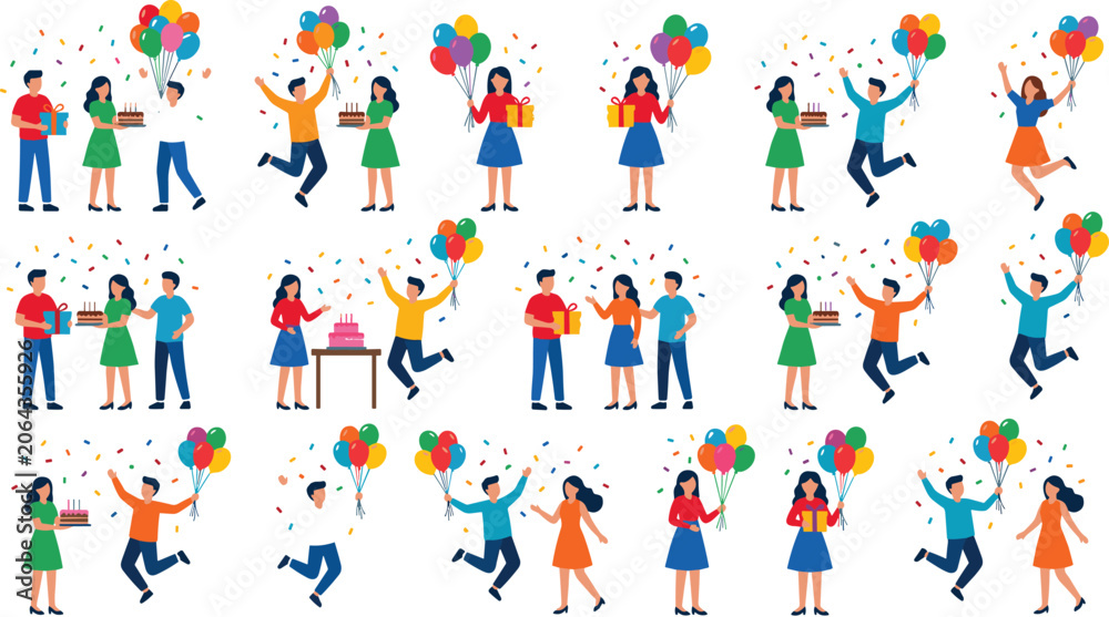 Fototapeta premium Happy people celebrating birthday party vector illustration set with characters holding balloons cakes and gifts