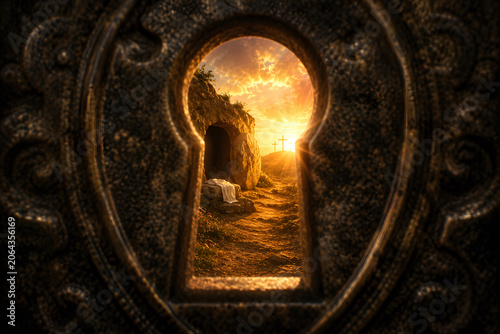 View through antique keyhole revealing glowing empty tomb and radiant sunrise, symbol of resurrection, hope and eternal life