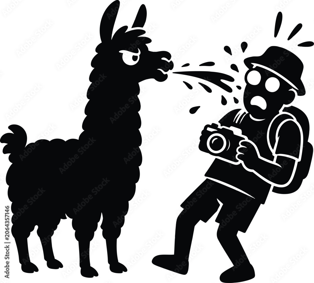 Fototapeta premium Funny black silhouette of a grumpy llama spitting on a shocked tourist photographer with a camera