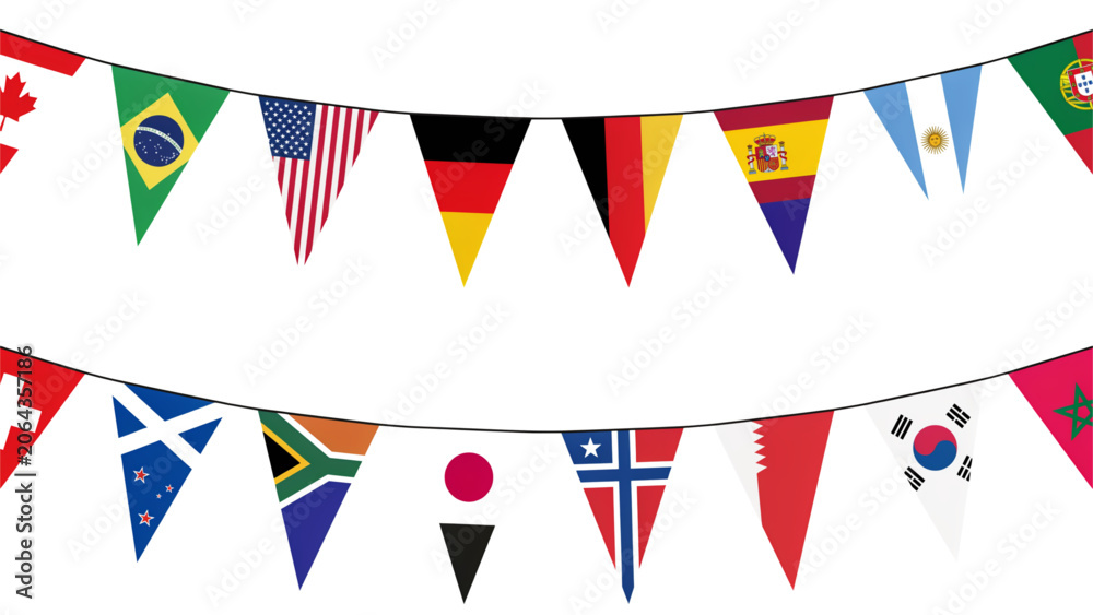 Fototapeta premium Colorful triangular bunting flags hanging in a festive outdoor display