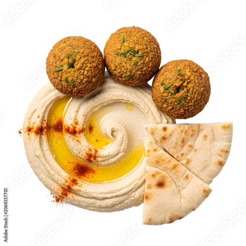 Hummus plate with crispy falafel balls and warm pita bread triangles on transparent background.