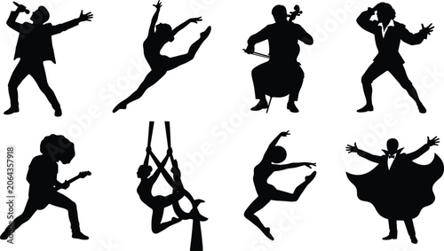 Fotografie Performing Arts Silhouette Set with Musicians Dancers Singers and Stage Performe