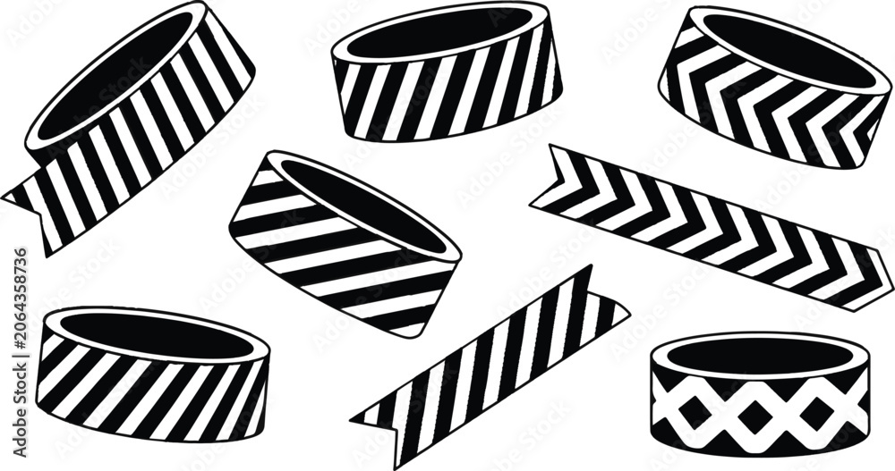Obraz premium Black and white representing rolls and ribbons of tape with diagonal stripes and diamond patterns