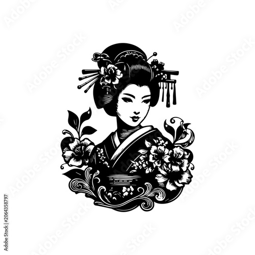 Foto Vector illustration of a traditional Japanese geisha with floral ornaments and decorative elements in a black and white iconic style